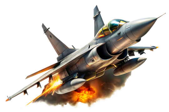 Grey Fighter Jet in Flight Side View Dramatic Lighting Intense Orange and Yellow Flames from Engines Smoke Trails A I G E N E R A T E D - P N G isolated on a transparent background