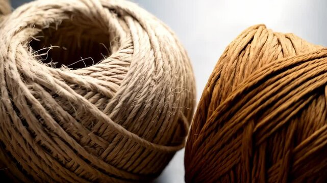 Close-up showcasing multiple balls of natural brown jute twine arranged together in a crafting or DIY project setting with neutral tones.