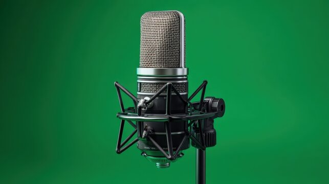 Professional quality hyper-realistic studio condenser microphone with shock mount positioned on a sound isolation stand against a vibrant chroma-key green backdrop