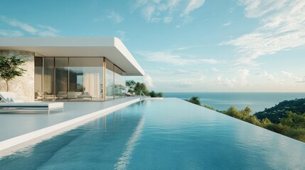 Fototapeta premium Modern luxury villa with infinity pool offers breathtaking views of tropical hills and ocean under a clear blue sky, showcasing minimalist architecture in a serene environment
