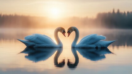 Swans unite in a heart-shaped reflection at dawn, celebrating love and unity on a tranquil lake bathed in the soft glow of sunrise