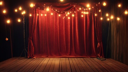 Vintage puppet theater stage with enchanting red curtains and warm fairy lights inviting creativity and storytelling in a whimsical atmosphere