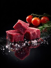 Gourmet raw steaks presented with vivid cherry tomatoes and fresh rosemary on a polished black surface