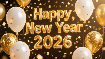 A festive, celebratory scene featuring the text Happy New Year 2026 in bold, golden letters surrounded by an array of shimmering balloons. Happy New Year, Happy New Year 2026
