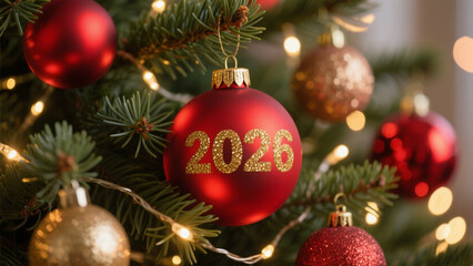 Fototapeta premium A festive, warm holiday scene featuring a vibrant red Christmas ornament with the year 2026 written in sparkling gold glitter. Happy New Year, Happy New Year 2026, Merry Christmas And Happy New Year