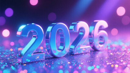 A vibrant scene featuring the year 2026 in bold, metallic blue 3D letters with a reflective, holographic finish. Happy New Year, Happy New Year 2026, Merry Christmas And Happy New Year