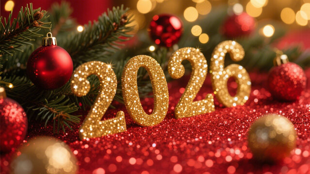 A festive, vibrant New Year's scene with bold 2026 text crafted from sparkling gold glitter that shimmers like stardust. Happy New Year, Happy New Year 2026, Merry Christmas And Happy New Year
