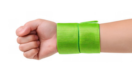 Close up of a hand with clenched fist wearing a bright green tourniquet band, isolated on a transparent background, useful for medical or first aid training purposes