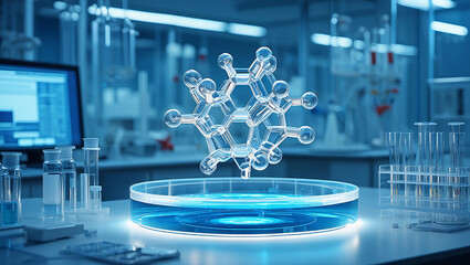 Transparent chemical molecule representing scientific research in a modern laboratory setting