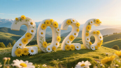 A serene, picturesque landscape featuring the year 2026 in large, three-dimensional letters adorned with vibrant yellow and white daisies. Happy New Year, Happy New Year 2026