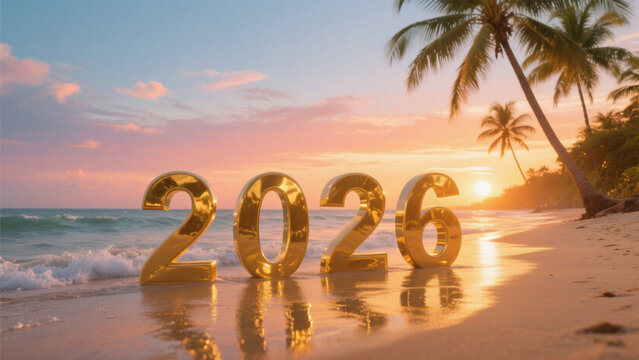 A serene tropical beach at sunset, with golden sunlight casting a warm glow over the tranquil ocean and sandy shore, with the number 2026. Happy New Year, Happy New Year 2026 - Powered by Adobe