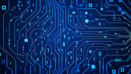 Abstract digital circuit board design with binary code and technological connections