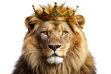 Majestic Male Lion Portrait Wearing a Golden Crown Regal Pose Studio Photography A I G E N E R A T E D - P N G isolated on a transparent background