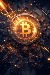 Futuristic technology background with glowing bitcoin symbol

