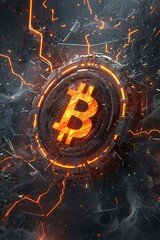 Futuristic technology background with glowing bitcoin symbol

