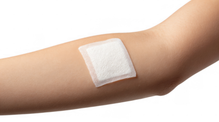 Close up view of a white transdermal patch securely placed on a person's arm, showcasing its adhesive properties against a transparent background, ideal for health and medical related projects