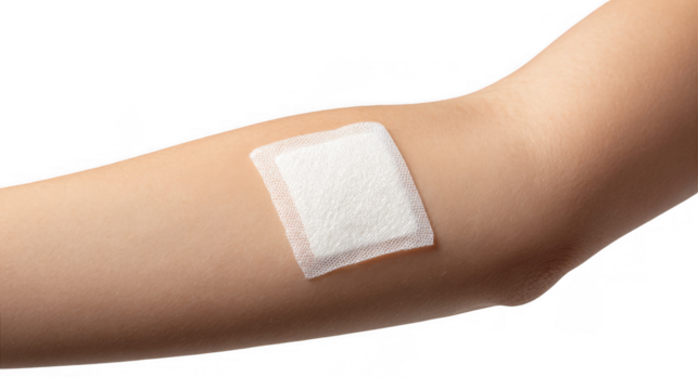 Close up view of a white transdermal patch securely placed on a person's arm, showcasing its adhesive properties against a transparent background, ideal for health and medical related projects