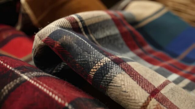 Closeup of folded flannel shirts displaying a textured pattern of colorful checkered tartan