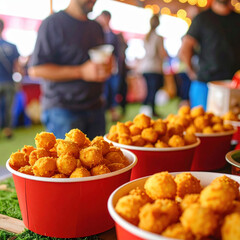 Delicious cheese curds served in red cups at lively fair, surrounded by people enjoying festive atmosphere. golden treats are crispy and inviting, perfect for sharing