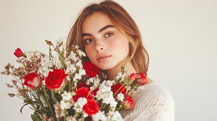 Smiling woman with freckles holding red and white flowers against white backdrop
