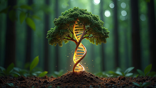 A conceptual visualization of a tree with a dna helix growing in a forest setting