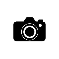 A simple black and white camera icon with a lens and flash on a black background illustration design on transparent background
