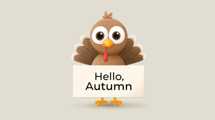 Charming cartoon turkey holding sign for autumn greetings and celebrations