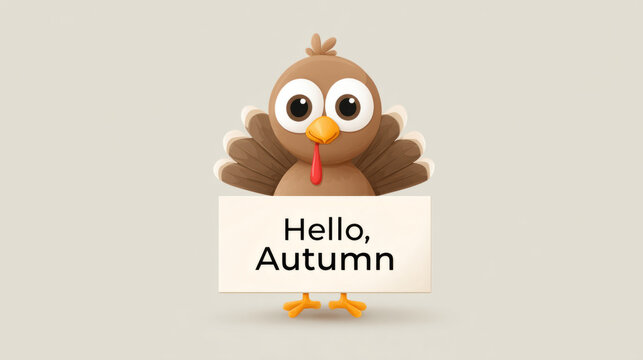 Charming cartoon turkey holding sign for autumn greetings and celebrations