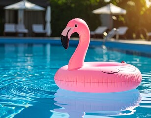 선명한 푸른 수영장 물 위에 떠있는 귀여운 핑크색 플라밍고 튜브 Cute pink flamingo tube floating on bright blue pool water
