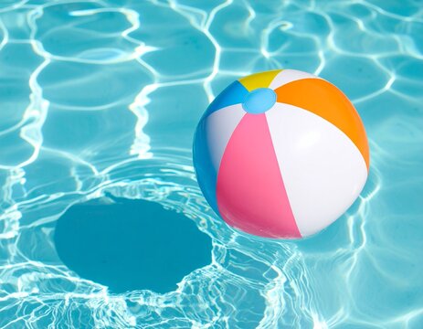 맑은 수영장 물 위에 떠있는 파스텔 톤의 비치볼 Pastel-colored beach ball floating on clear pool water
