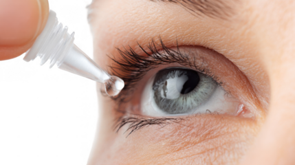 Close up of a woman applying eye drops, relieving dry eyes or treating an infection, with a transparent background for easy integration into various designs