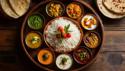 Indian thali meal on banana leaf, traditional copper bowls arranged in circle, basmati rice in center with cherry tomato garnish, various curries and dal in small bowls