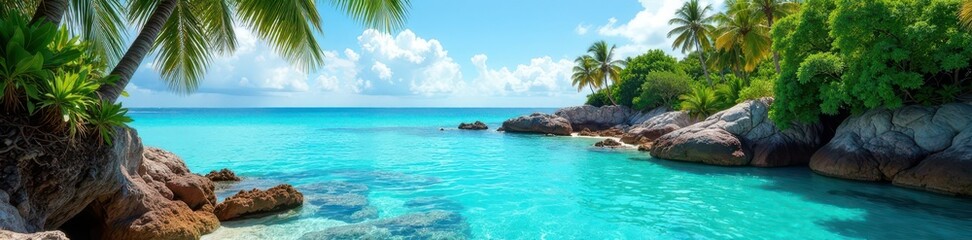 Secluded cove, vibrant coral reef, swaying palms , tropical flora, beach landscape