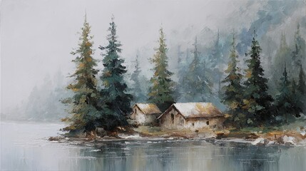 Peaceful lakeside cabin surrounded by tall pine trees in tranquil nature setting, oil painting style with soft brushstrokes evoking solitude, calm, and serenity in forest landscape scene

