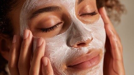 Woman applying natural face mask with fingertips