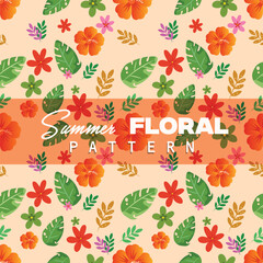tropical summer seamless floral pattern with colorful exotic flowers and green leaves on beige background, vibrant botanical design perfect for fabric, wrapping paper, packaging, wallpapers, and texti