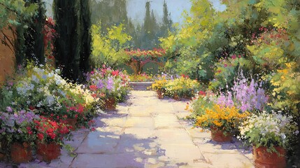 Peaceful sunlit garden filled with vibrant colorful flowers captured in delicate oil painting style with soft brushstrokes conveying calmness, harmony, and natural beauty

