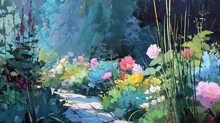 Peaceful sunlit garden filled with vibrant colorful flowers captured in delicate oil painting style with soft brushstrokes conveying calmness, harmony, and natural beauty

