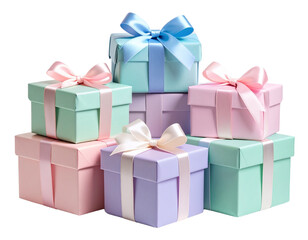 Obraz premium Stack of pastel-colored gift boxes with satin ribbons, soft light and shadows, isolated PNG