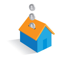 Saving money for house: coins falling into house-shaped piggy bank