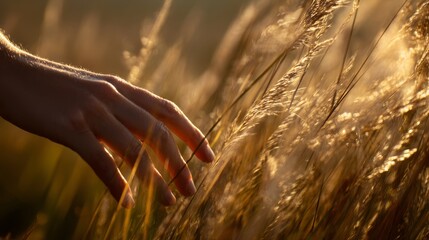Fingertips touching golden grass in warm sunset light