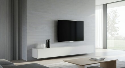 Contemporary living room with textured gray wall, minimalistic white TV stand, dark vase, natural light through large window, soft shadows.