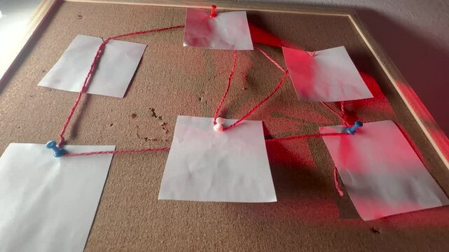 Detective investigation board with blank evidence cards connected by red thread on cork background