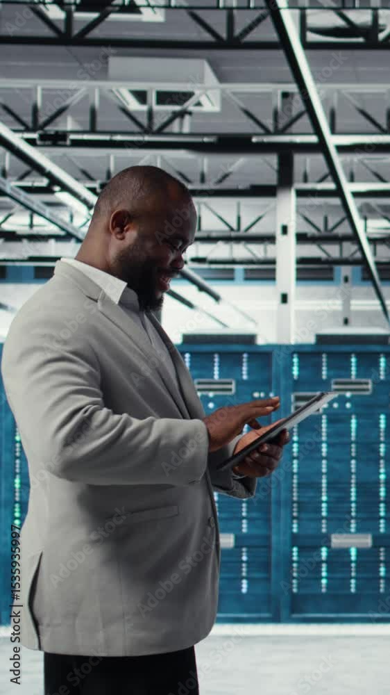 Poster vertical video programmer in data center using tablet to manage software updates for system stabilit