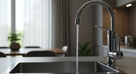 Modern kitchen with polished chrome faucet pouring water into stainless steel sink, natural light through sheer curtains, soft ambiance, potted plant and wooden table in background.