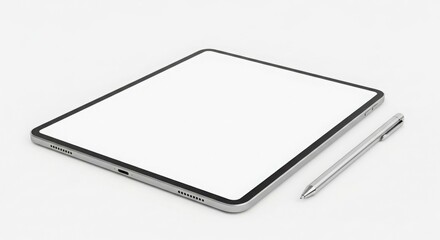 Sleek silver tablet computer with blank screen and stylus pen, isolated on white background.