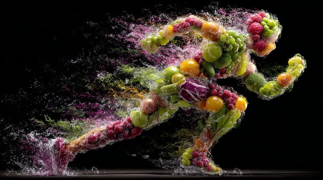 Healthy Lifestyle Runner Fruit Vegetable Body Splashing Water Dynamic Energy Fitness Nutrition Diet Food Wellness Active Sport Exercise Power Strong Fresh Vibrant Colorful art ripe