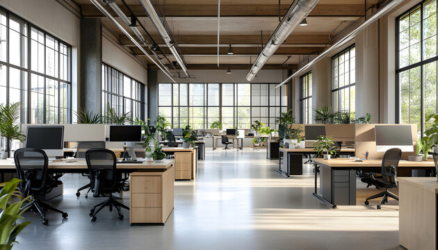 Modern corporate office interior with empty wooden desks. Natural light from windows, green plants, minimalist design. Tables, chairs, business environment workspace. Concept of work and productivity