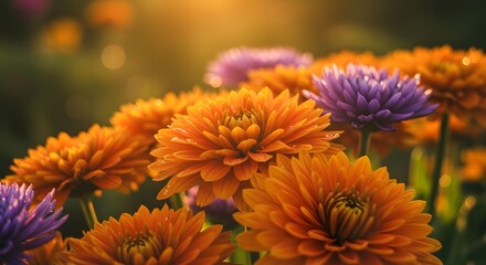 Close-up of colorful flowers blooming in a garden at sunrise, soft natural lighting, fresh morning atmosphere, vibrant petals, delicate textures, peaceful nature scene.