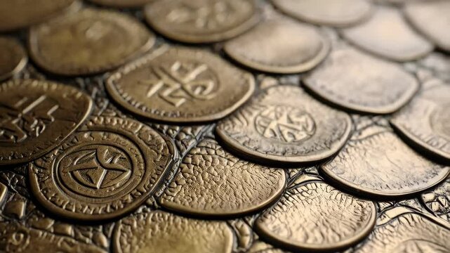 Close up of a scale-like pattern made of gold-colored metal discs with raised intricate designs for armor or decoration background texture.